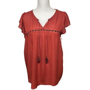 Old Navy Rust Blouse with Embroidery and Tassel Details